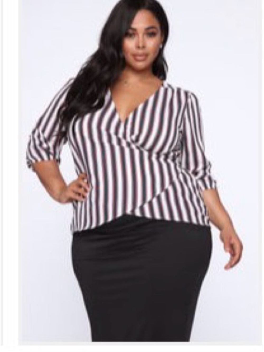Fashion Nova Plus Size Black & White Striped Wrap V-Neck Blouse